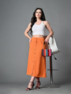 Myshka Women's Solid Ribbed A-Line Embellished Casual Skirt in Orange Color