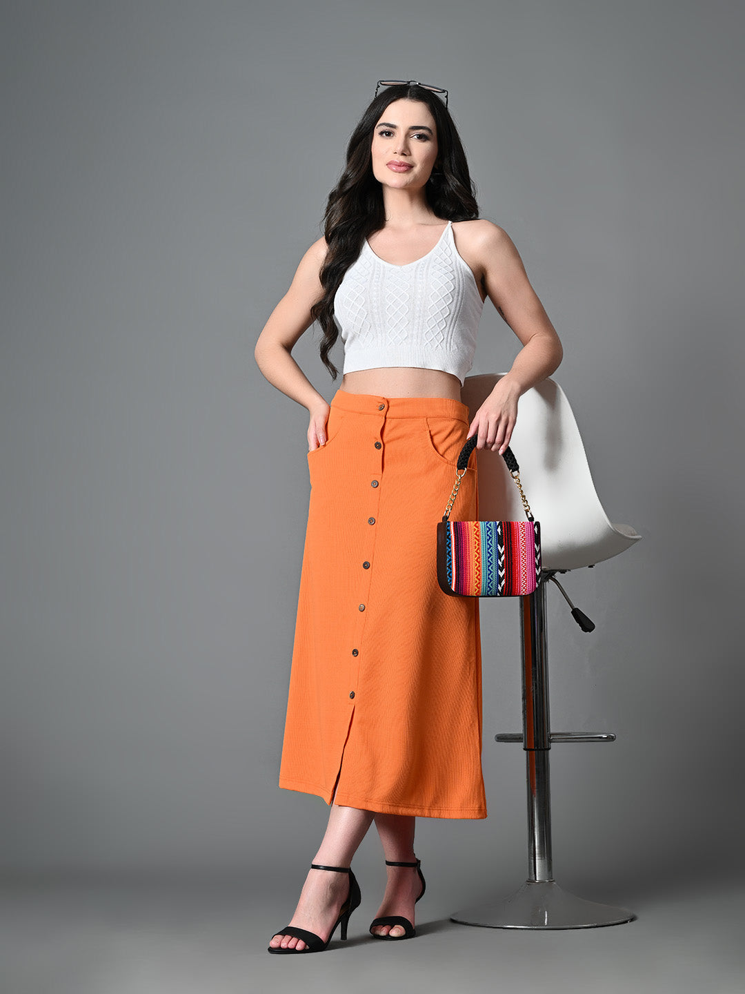 Myshka Women's Solid Ribbed A-Line Embellished Casual Skirt in Orange Color