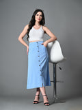 Myshka Women's Solid Ribbed A-Line Embellished Casual Skirt in Blue Color