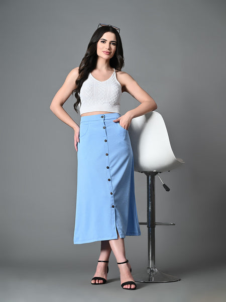 Myshka Women's Solid Ribbed A-Line Embellished Casual Skirt in Blue Color