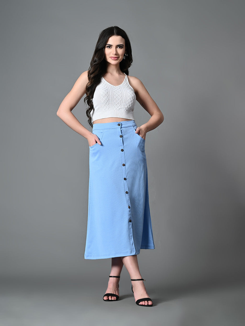 Myshka Women's Solid Ribbed A-Line Embellished Casual Skirt in Blue Color