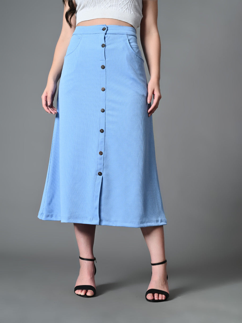 Myshka Women's Solid Ribbed A-Line Embellished Casual Skirt in Blue Color