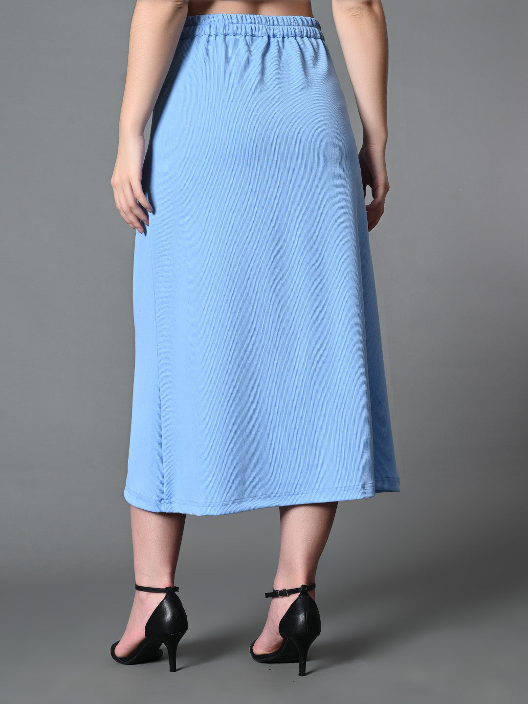Myshka Women's Solid Ribbed A-Line Embellished Casual Skirt in Blue Color
