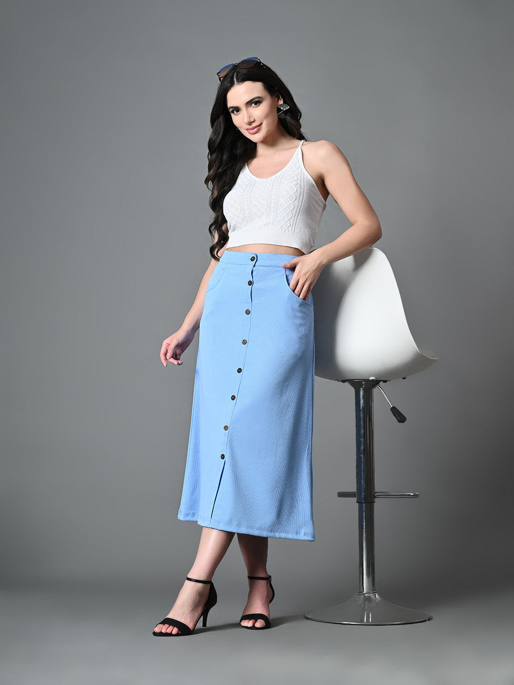 Myshka Women's Solid Ribbed A-Line Embellished Casual Skirt in Blue Color