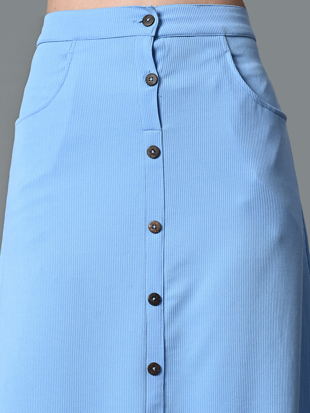 Myshka Women's Solid Ribbed A-Line Embellished Casual Skirt in Blue Color