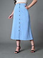 Myshka Women's Solid Ribbed A-Line Embellished Casual Skirt in Blue Color