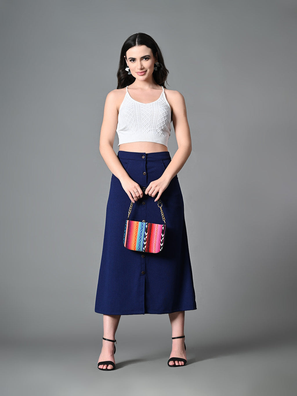 Myshka Women's Solid Ribbed A-Line Embellished Casual Skirt in Navy Blue Color