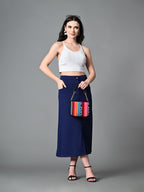 Myshka Women's Solid Ribbed A-Line Embellished Casual Skirt in Navy Blue Color