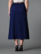 Myshka Women's Solid Ribbed A-Line Embellished Casual Skirt in Navy Blue Color