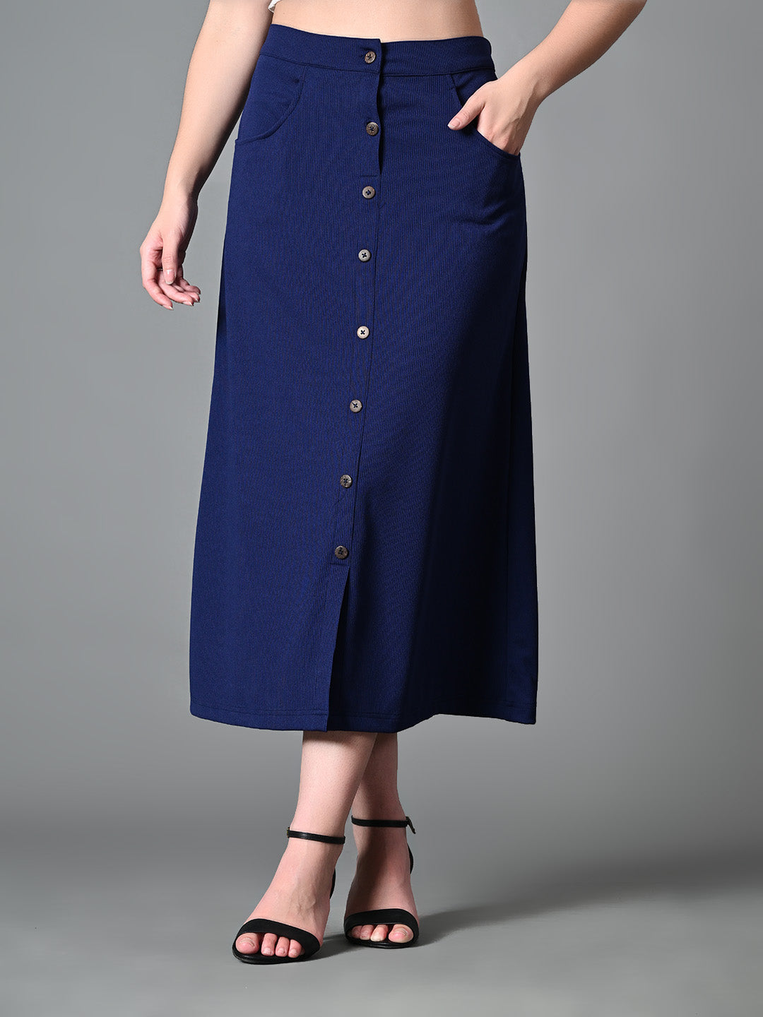 Myshka Women's Solid Ribbed A-Line Embellished Casual Skirt in Navy Blue Color
