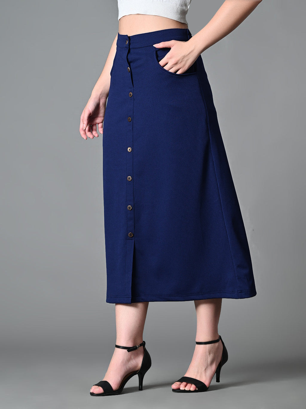 Myshka Women's Solid Ribbed A-Line Embellished Casual Skirt in Navy Blue Color