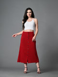 Myshka Women's Solid Ribbed A-Line Embellished Casual Skirt in Maroon Color
