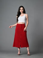 Myshka Women's Solid Ribbed A-Line Embellished Casual Skirt in Maroon Color