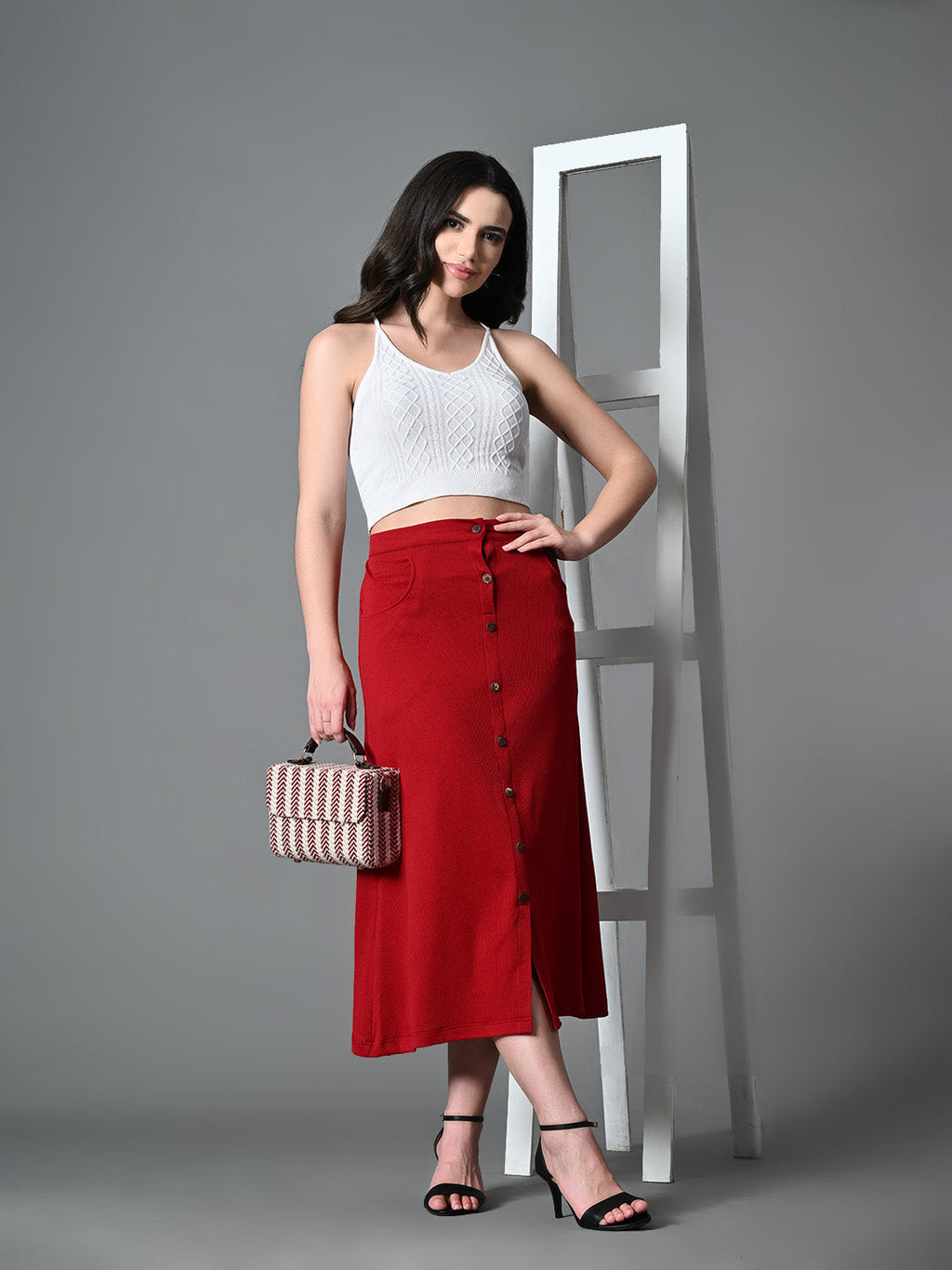 Myshka Women's Solid Ribbed A-Line Embellished Casual Skirt in Maroon Color