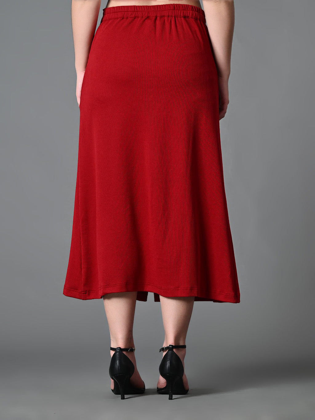 Myshka Women's Solid Ribbed A-Line Embellished Casual Skirt in Maroon Color
