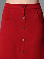 Myshka Women's Solid Ribbed A-Line Embellished Casual Skirt in Maroon Color