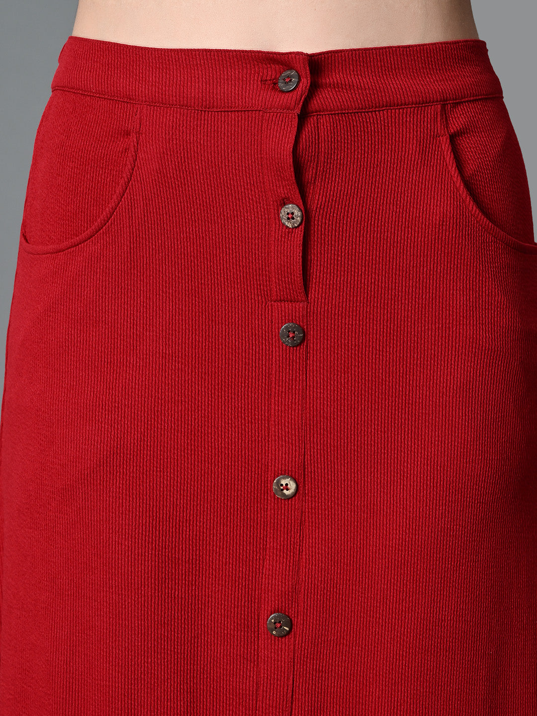 Myshka Women's Solid Ribbed A-Line Embellished Casual Skirt in Maroon Color