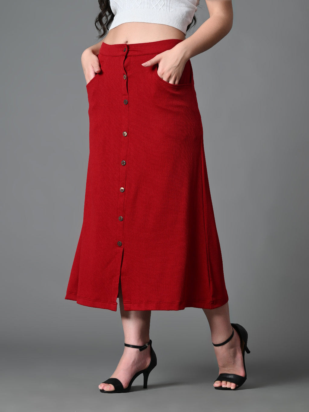 Myshka Women's Solid Ribbed A-Line Embellished Casual Skirt in Maroon Color