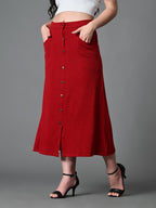 Myshka Women's Solid Ribbed A-Line Embellished Casual Skirt in Maroon Color