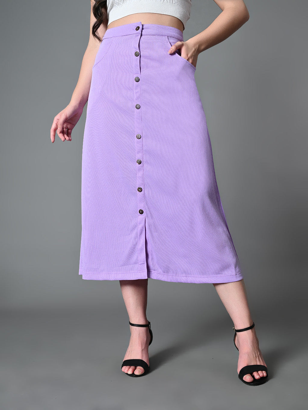 Myshka Women's Solid Ribbed A-Line Embellished Casual Skirt in Lavender Color