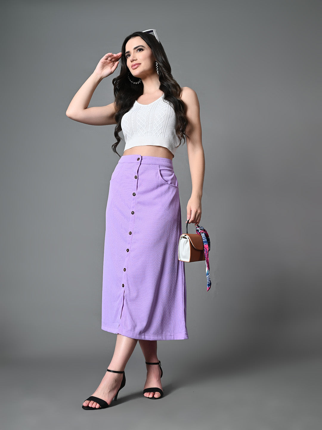Myshka Women's Solid Ribbed A-Line Embellished Casual Skirt in Lavender Color
