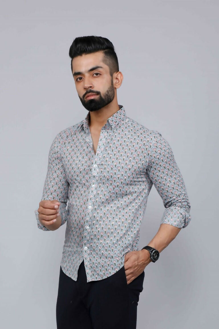 Miravan Men's Blue Pure Cotton Handblock Floral Print Shirt
