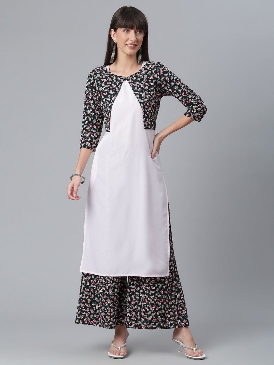 Ahalyaa Light Pink Crepe Solid Kurta And Palazzo Set With Jacket - Distacart