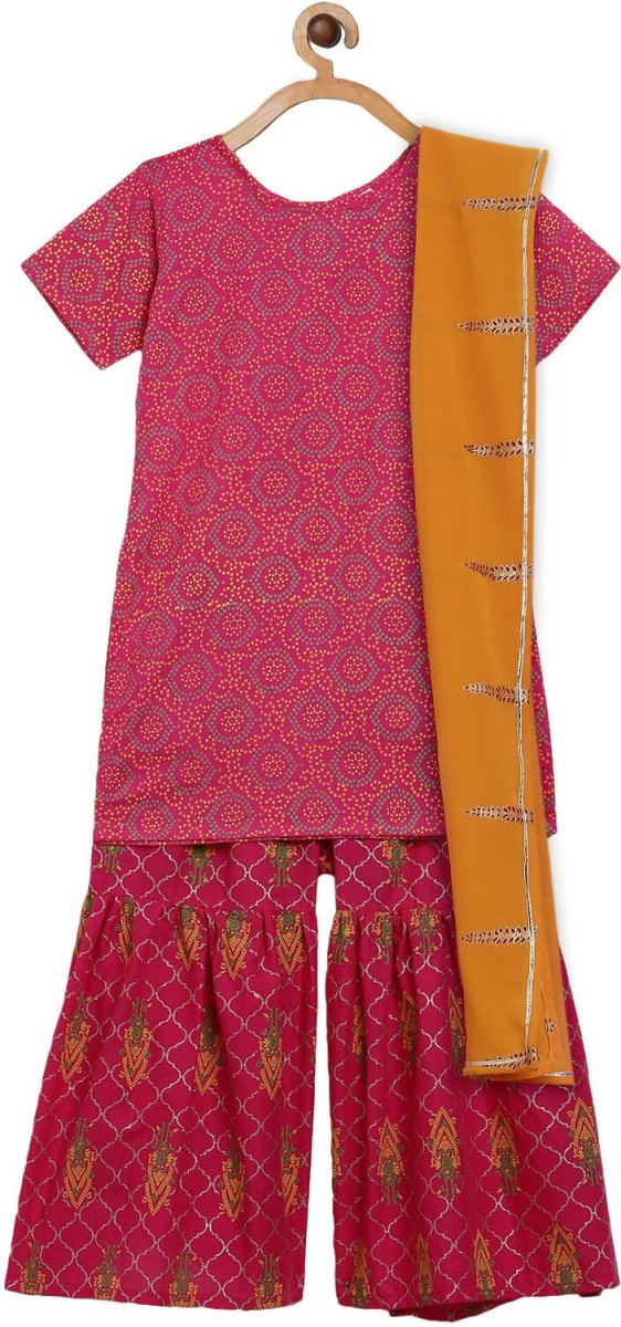 Ahalyaa Magenta Cotton Printed Kids Kurta Sharara Set With Dupatta For Girls