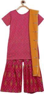 Ahalyaa Magenta Cotton Printed Kids Kurta Sharara Set With Dupatta For Girls