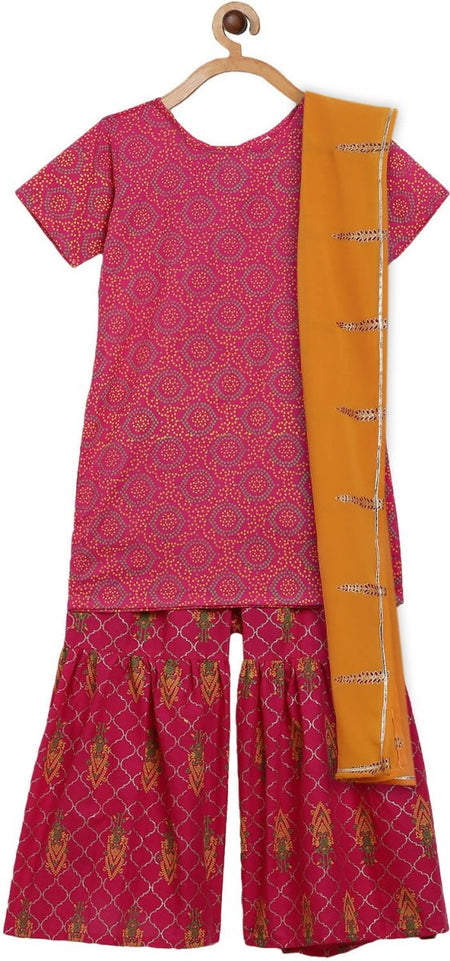 Ahalyaa Magenta Cotton Printed Kids Kurta Sharara Set With Dupatta For Girls