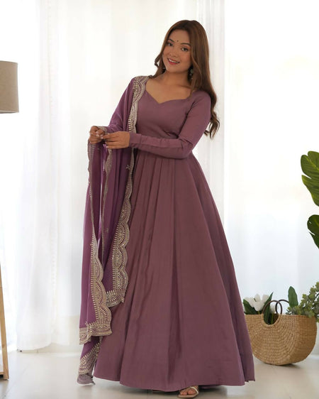 Lehenga Mart Designer Anarkali Suit With Kurta, Pant, Dupatta For Women-Mauve Pink
