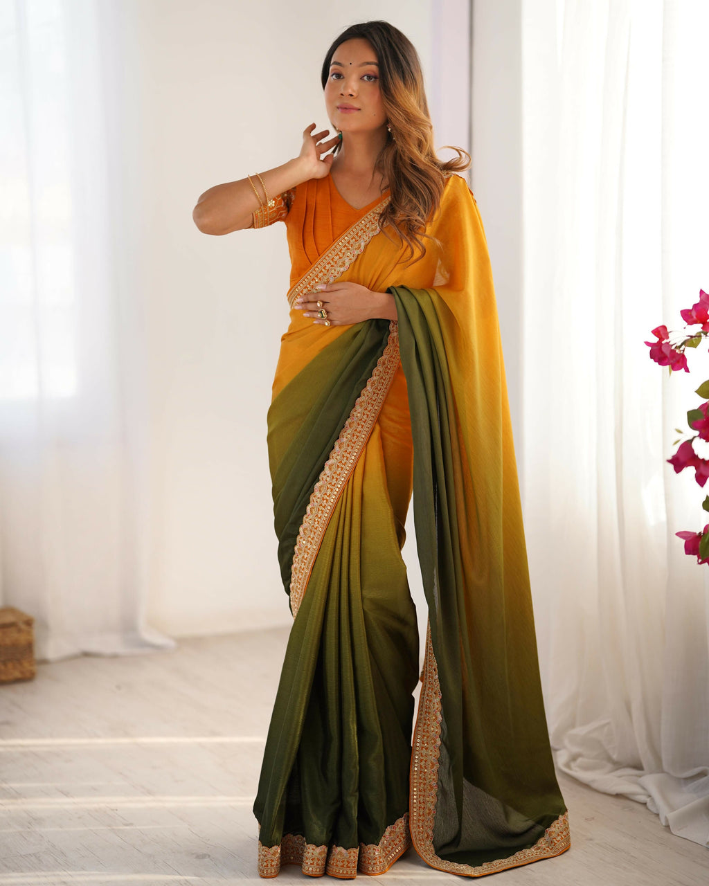 Exclusive Collection Yellow Green Party Wear Chinon Salk Saree