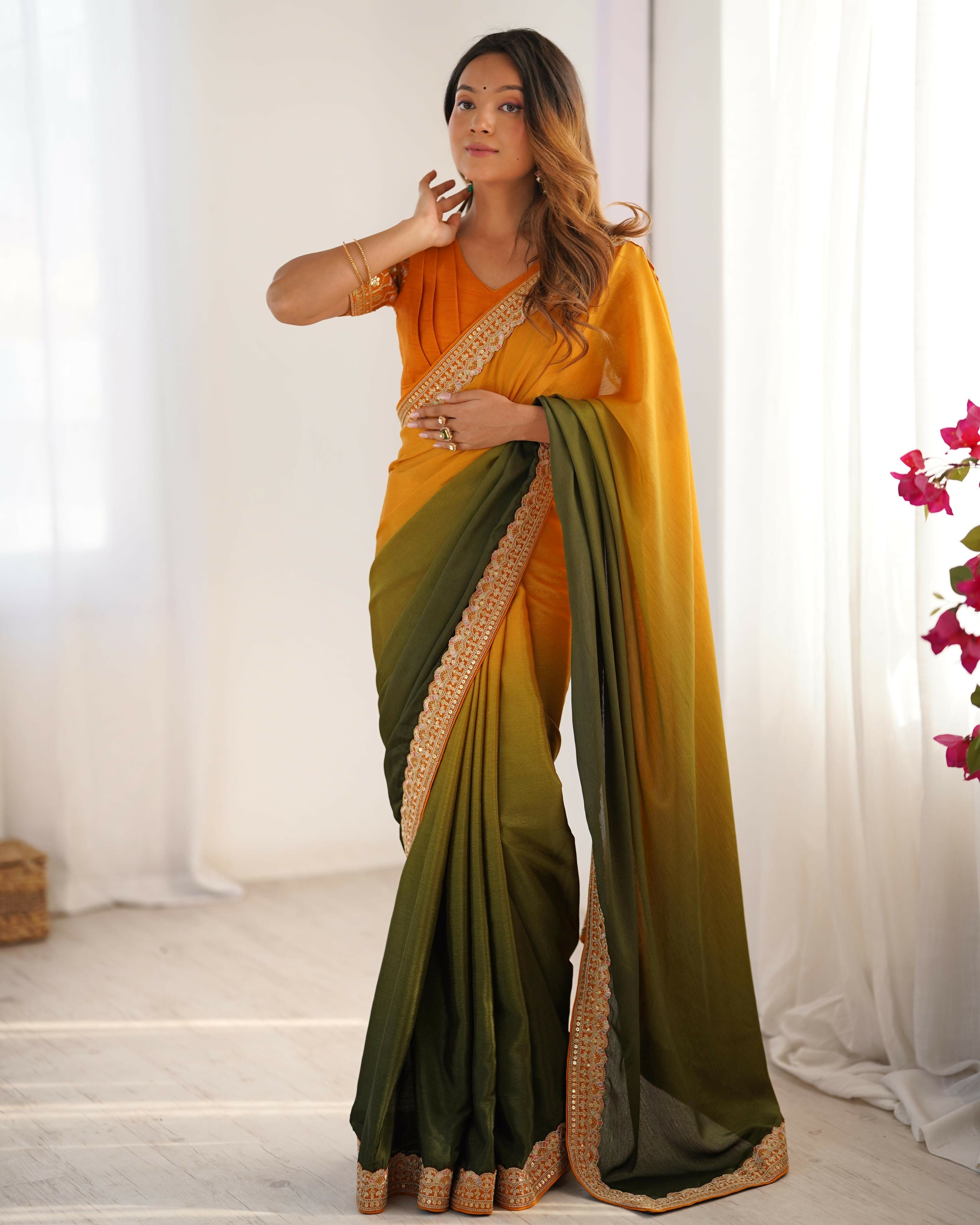 Exclusive Collection Yellow Green Party Wear Chinon Salk Saree