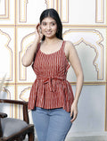 Miravan Women's Peplum Fit Printed Pure Cotton Red Color Noodle Straps Top