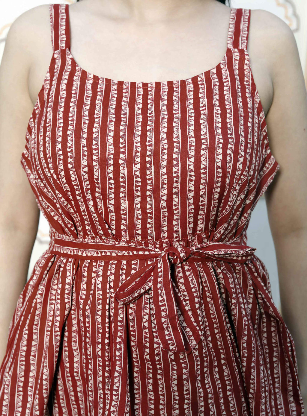 Miravan Women's Peplum Fit Printed Pure Cotton Red Color Noodle Straps Top