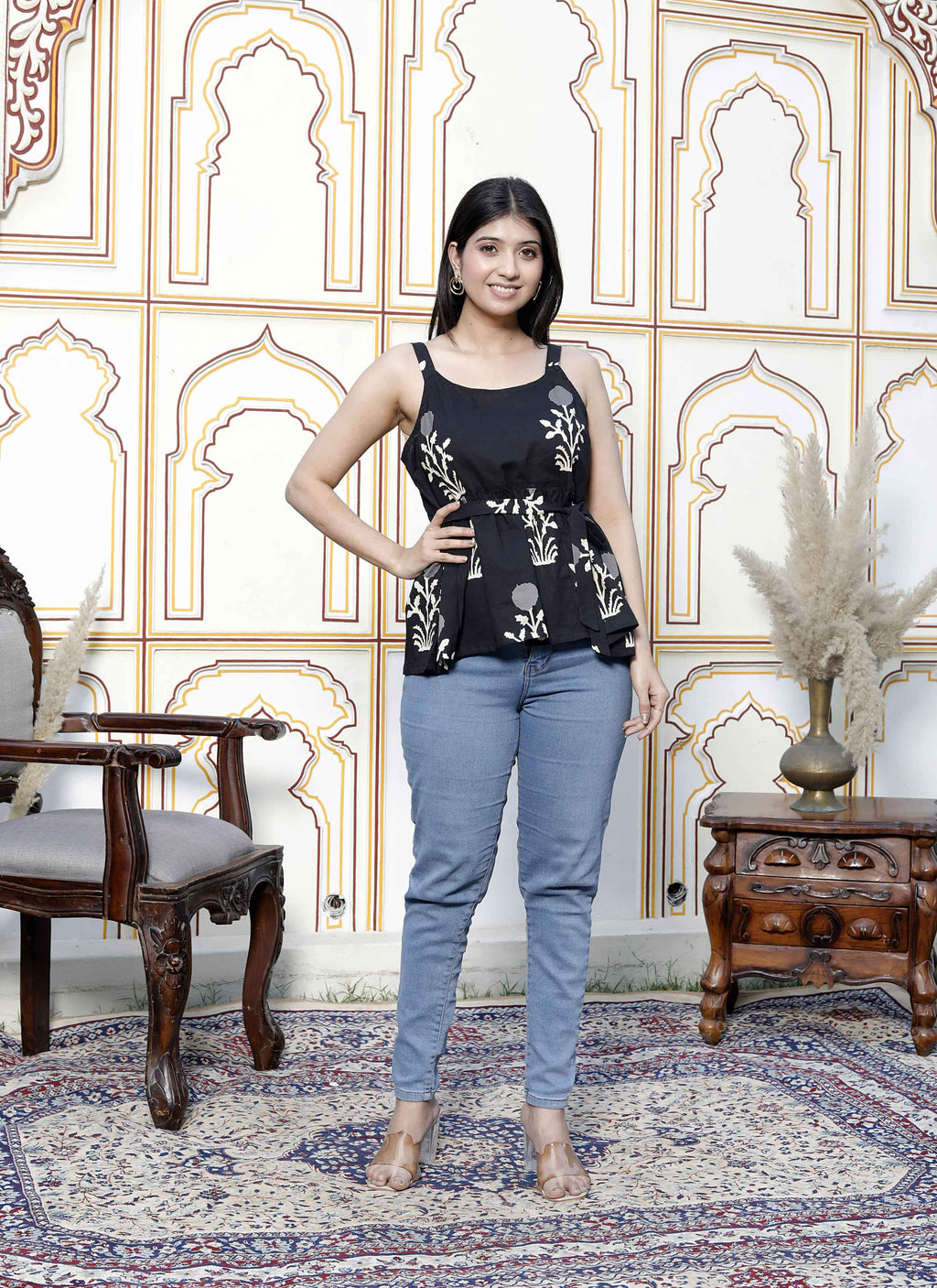 Miravan Women's Pure Cotton Black Floral Printed Round Neck Peplum Noodle Straps Top