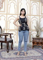 Miravan Women's Pure Cotton Black Floral Printed Round Neck Peplum Noodle Straps Top