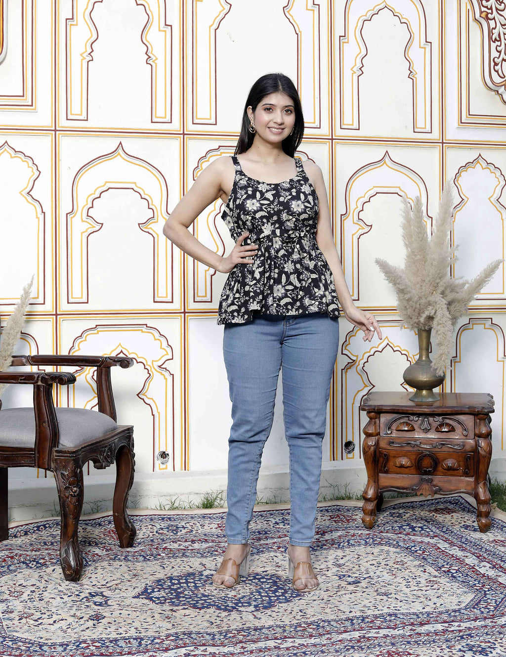 Miravan Women's Pure Cotton Black Floral Printed Noodle Straps Peplum Top