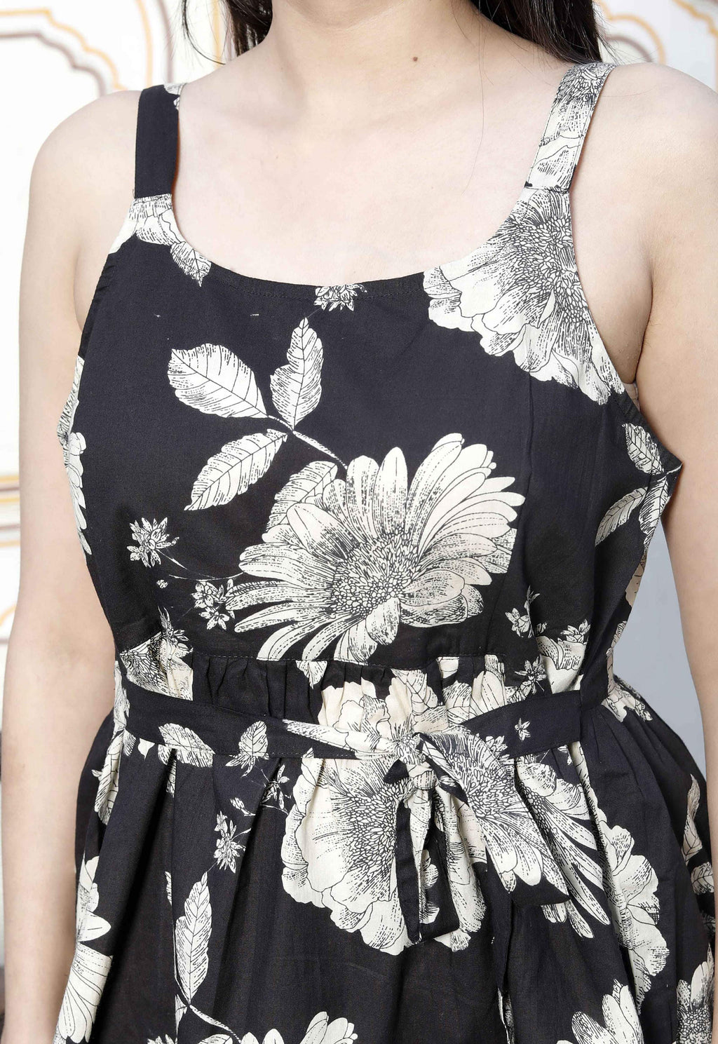 Miravan Women's Pure Cotton Black Floral Print Flared Strappy Noodle PeplumTop