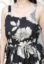 Miravan Women's Pure Cotton Black Floral Print Flared Strappy Noodle PeplumTop