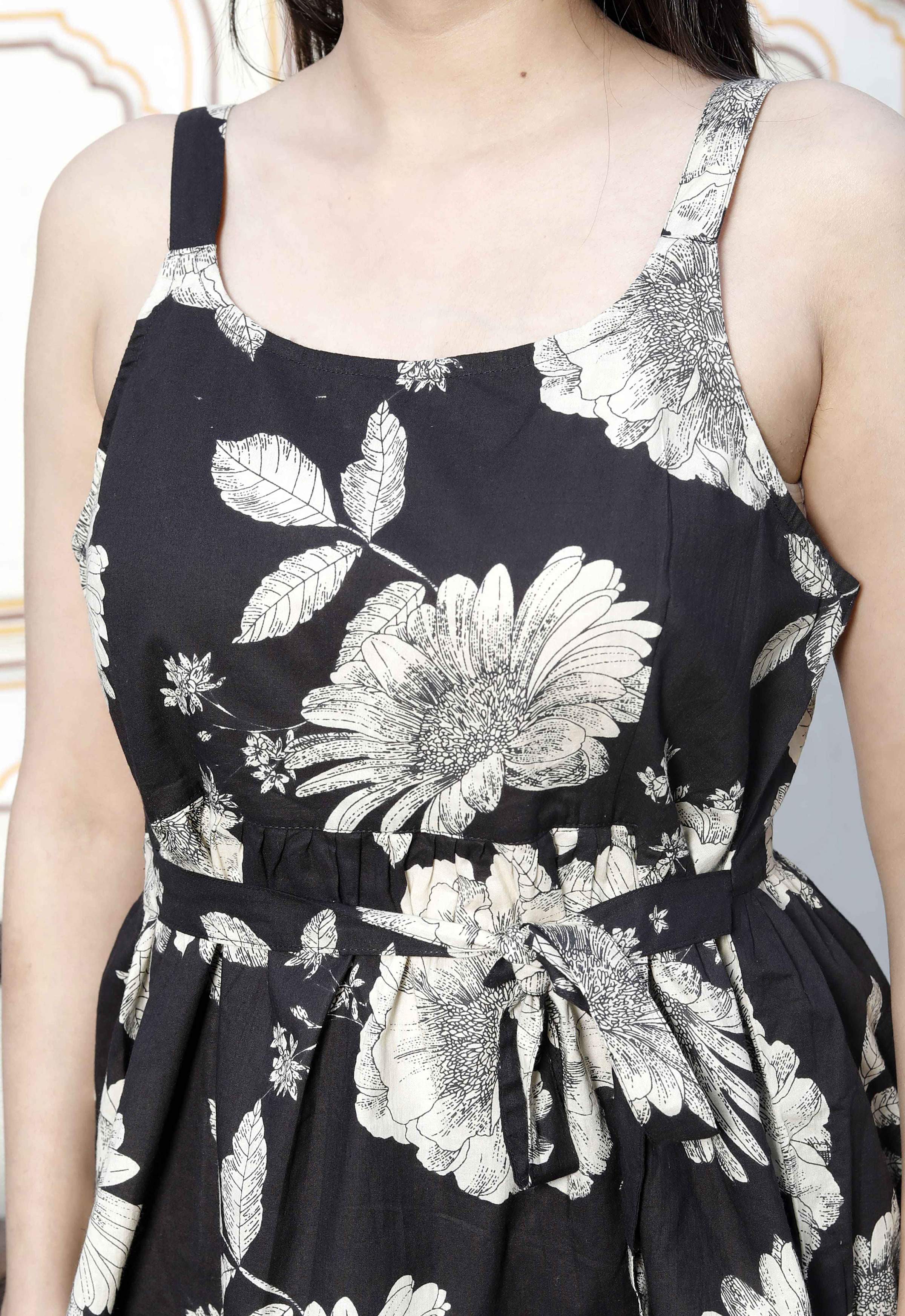 Miravan Women's Pure Cotton Black Floral Print Flared Strappy Noodle PeplumTop