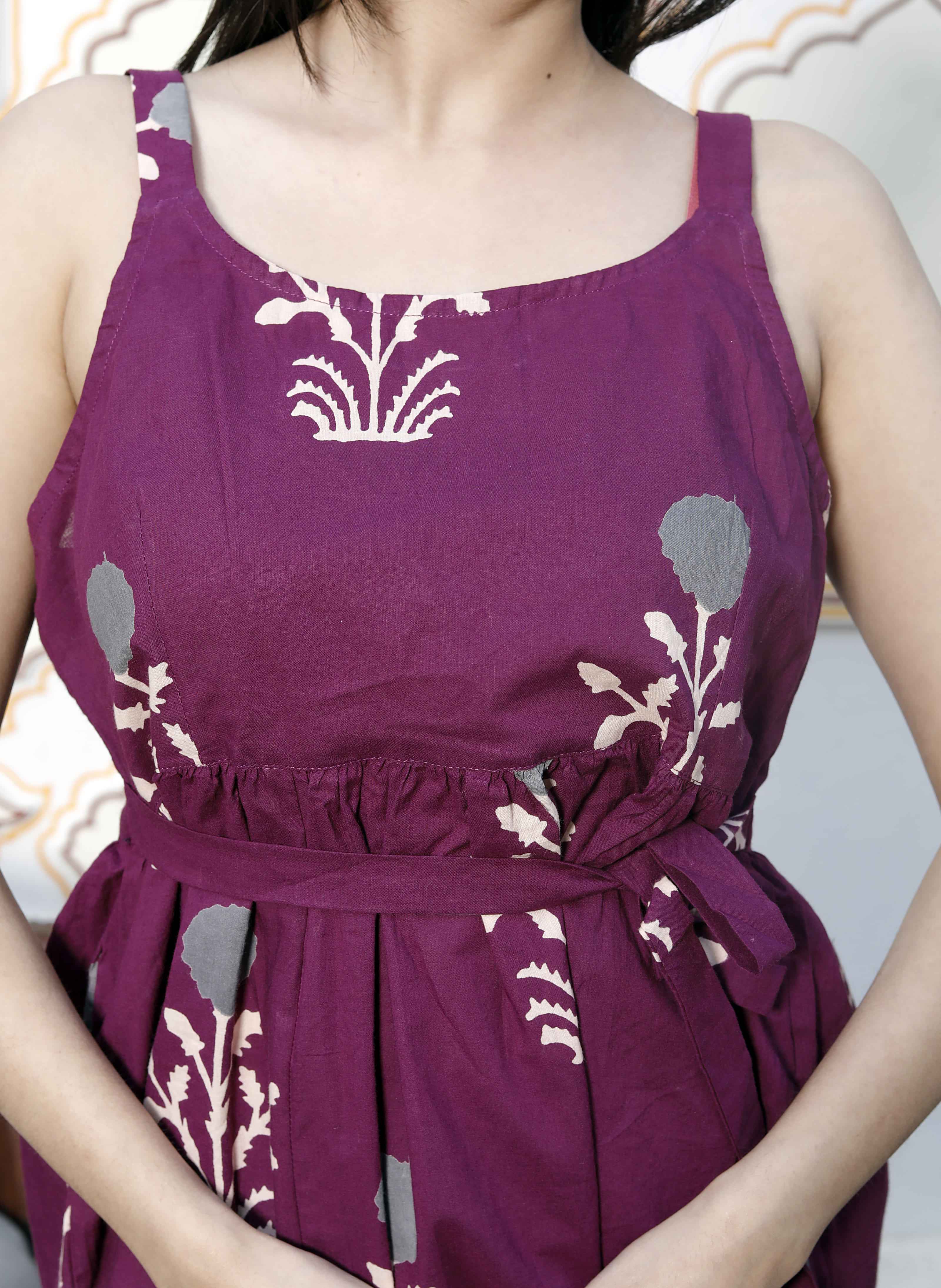 Miravan Women's Pure Cotton Purple Floral Printed Noodle Straps Flared Cotton Top