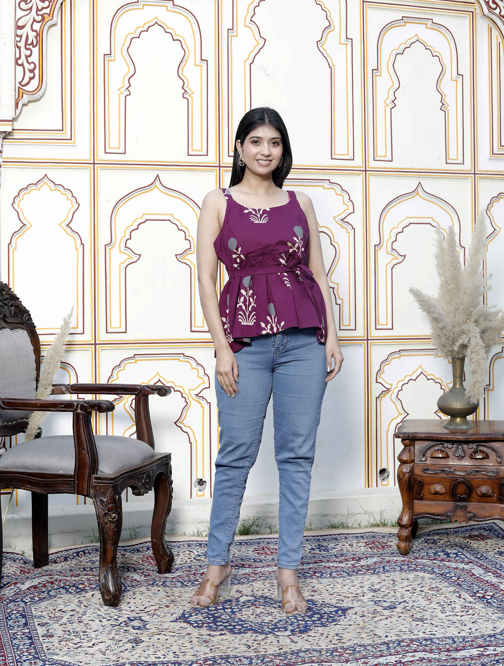 Miravan Women's Pure Cotton Purple Floral Printed Noodle Straps Flared Cotton Top
