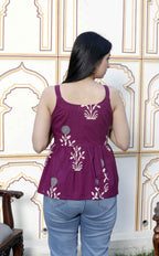 Miravan Women's Pure Cotton Purple Floral Printed Noodle Straps Flared Cotton Top