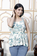 Miravan Women's Pure Cotton Shoulder Straps Light Green Bird And Leaf Printed Flared Top