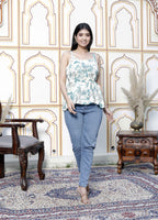 Miravan Women's Pure Cotton Shoulder Straps Light Green Bird And Leaf Printed Flared Top
