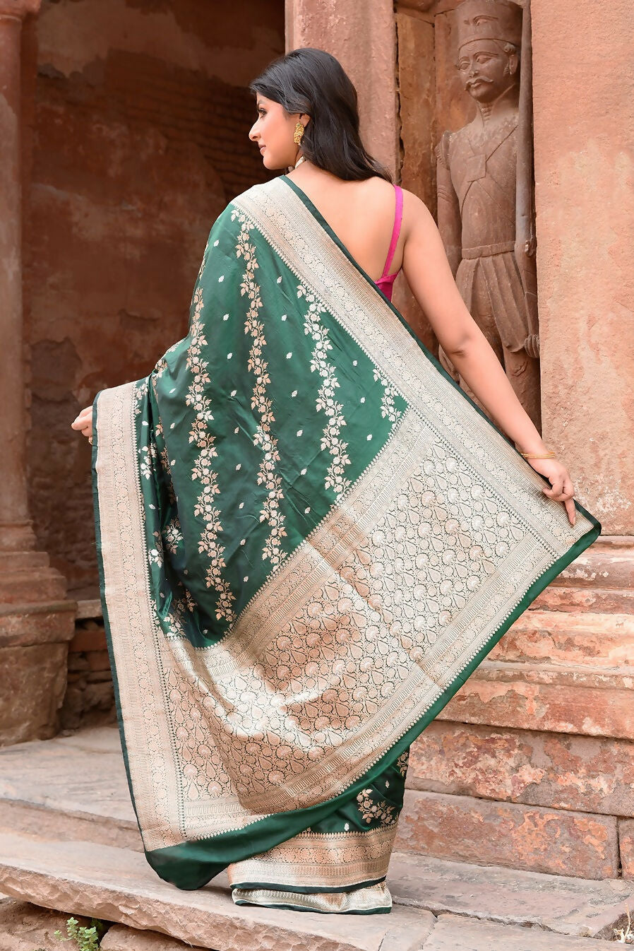 Joban Fashion Emerald Green Banarasi Katan Pure Handloom Banarasi Silk Saree