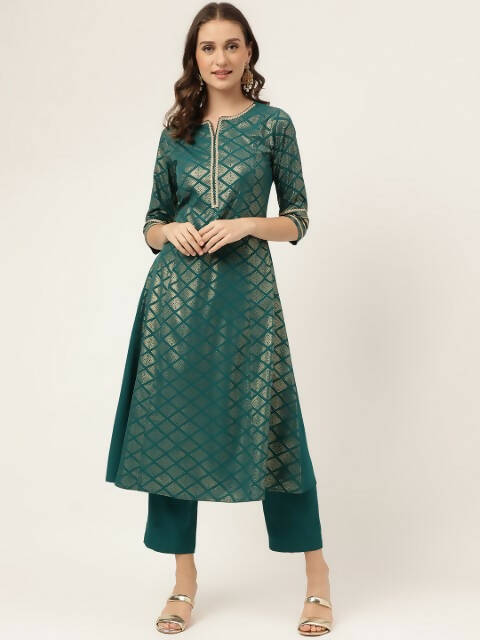 FIORRA Women's Teal Green Poly Crepe A-Line Kurta Set