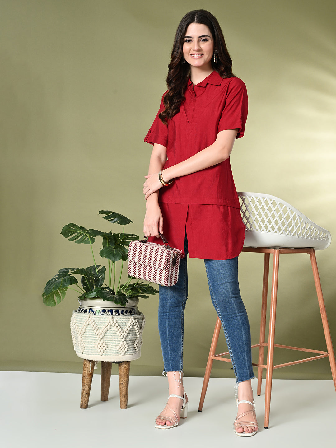 Myshka Women's Solid A-Line Collared Neck Casual Tunic In Red Color