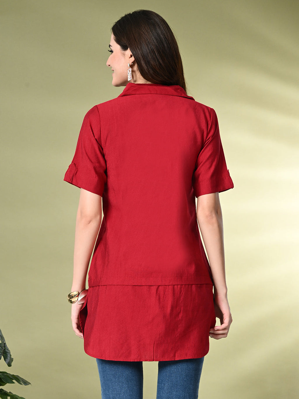 Myshka Women's Solid A-Line Collared Neck Casual Tunic In Red Color